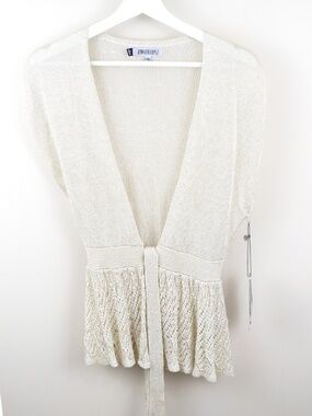 Jennifer Lopez Island Paradise Tie Front Sweater White/Gold Lurex NWT XS